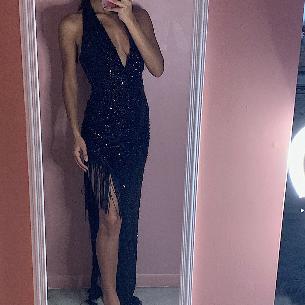 Black sequins and fringe halter pageant/prom/evening gown